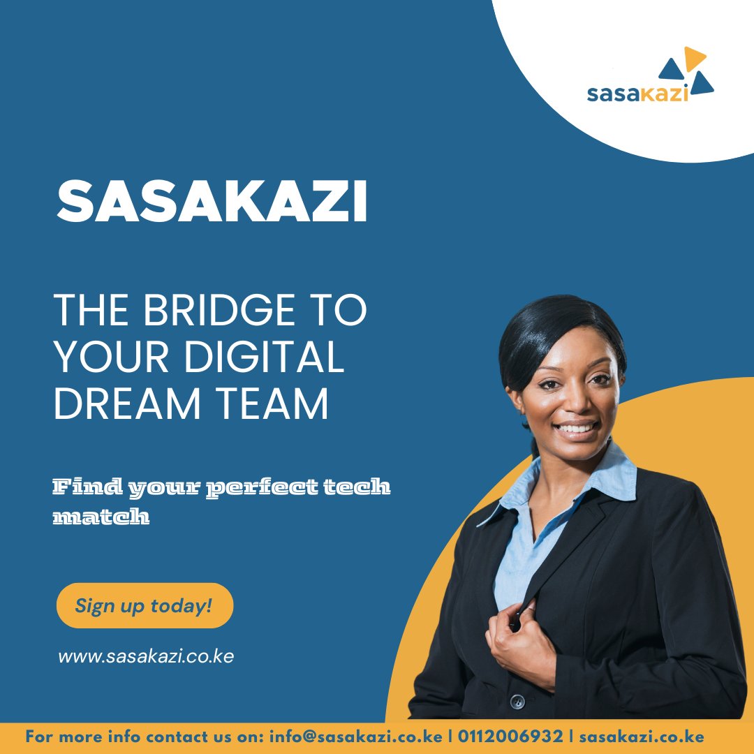 Don't settle for average. We deliver extraordinary. ✨
Introducing #Sasakazi, your one-stop shop for connecting you with Africa's top young tech talent

Sign up at sasakazi.com and get matched with the perfect tech talent to fuel your digital journey. 📡