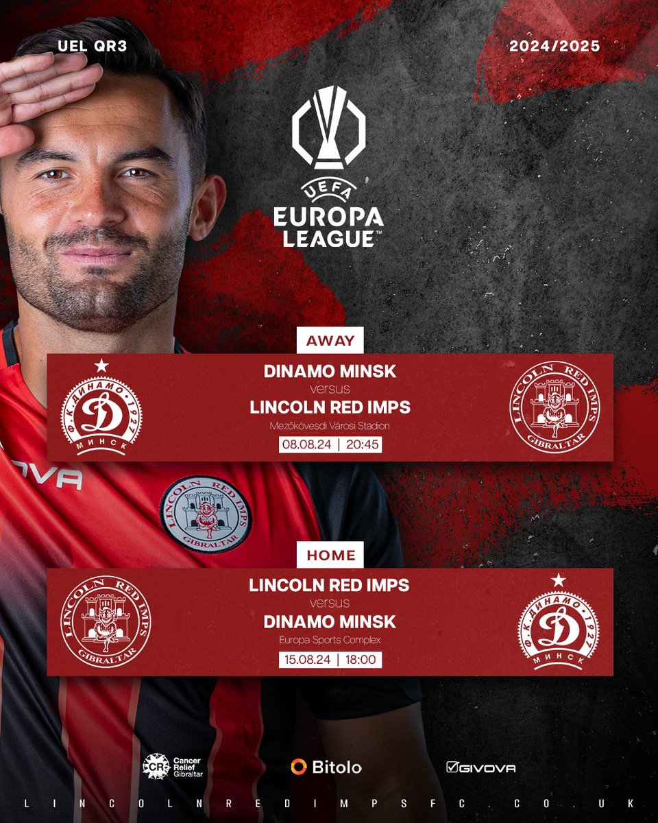 Lincoln Red Imps FC (@lincolnredimps) on Twitter photo Next Match 👊
🆚️ <a href="/FC_Dinamo_Minsk/">ФК Динамо Минск</a>
🏆 <a href="/EuropaLeague/">UEFA Europa League</a>
⚔️ Third Qualifying Round First Leg
🏟️ Mezokovesdi Varosi Stadion
🗓 08/08/24
⏰ 8:45pm
#LRI #UEL 👹 Next Match 👊
🆚️ <a href="/FC_Dinamo_Minsk/">ФК Динамо Минск</a>
🏆 <a href="/EuropaLeague/">UEFA Europa League</a>
⚔️ Third Qualifying Round First Leg
🏟️ Mezokovesdi Varosi Stadion
🗓 08/08/24
⏰ 8:45pm
#LRI #UEL 👹