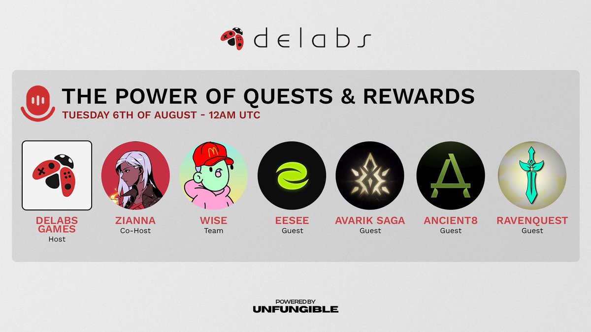 The Power of Quests &amp; Rewards

⏰August 6th, 12AM UTC           

Join <a href="/byzianna_/">Zianna</a> and @wisekim_eth as they host <a href="/eesee_io/">eesee.io</a> , <a href="/avariksaga/">Avarik Saga</a> , <a href="/Ancient8_gg/">Ancient8 (🎮,🟢)</a> , and <a href="/RavenQuestGame/">RavenQuest</a>  for this week's Spaces!            

Set your reminders below👇