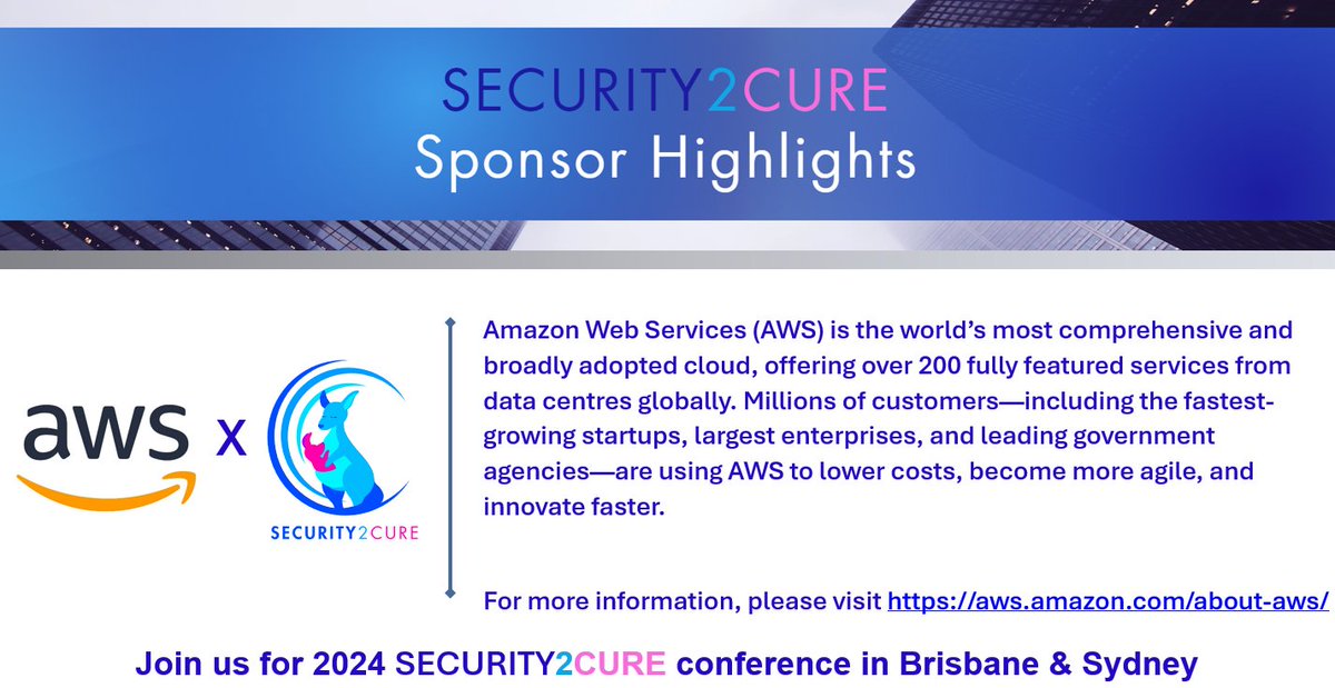 security2cure's tweet image. We are delighted to welcome @awscloud as a sponsor for security2cure. Mark your calendars for our Brisbane event on Friday 9 August, and our Sydney event on Friday 23 August. Secure your tickets at security2cure.com.au.