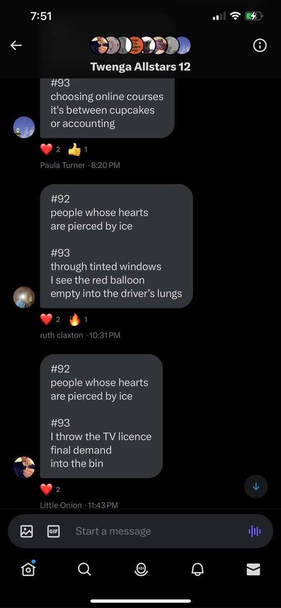 #92
people whose hearts
are pierced by ice

#93
tinted windows
the red balloon empties
into the driver’s lungs

#twenga #misc @ruthclaxton 
<a href="/Gavin_Wade_/">Gavin_Wade_</a> <a href="/LittleOnion/">Little Onion</a> @jamray <a href="/AnumAJamal/">Anum Jamal</a> <a href="/Cathy_Wade/">Cathy Wade</a> <a href="/byTinaFrancis/">Tina Francis</a> <a href="/artpickdarkpot/">patrick</a> <a href="/tantwenga2024/">justherefortantwenga</a> @Random_Fate #nitro #haiku