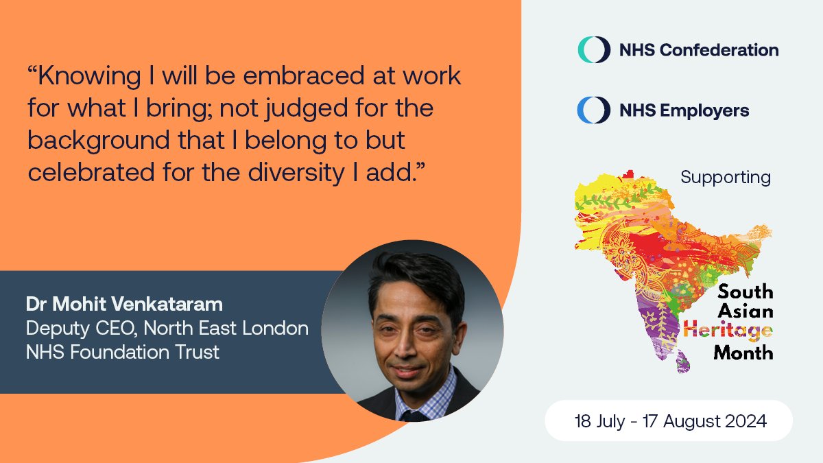 BME Leadership Network (@nhsc_bmeleaders) on Twitter photo 📣 In the spotlight today for #SouthAsianHeritageMonth is our much respected network steering group member <a href="/MohitVenkataram/">Dr Mohit Venkataram</a>, Deputy CEO, <a href="/NELFT/">North East London NHS Foundation Trust (NELFT)</a>.
Read more from Mohit and other South Asian network members on what #SAHM24 #FreeToBeMe means to them. 👉 bit.ly/3zMQN8Z 📣 In the spotlight today for #SouthAsianHeritageMonth is our much respected network steering group member <a href="/MohitVenkataram/">Dr Mohit Venkataram</a>, Deputy CEO, <a href="/NELFT/">North East London NHS Foundation Trust (NELFT)</a>.
Read more from Mohit and other South Asian network members on what #SAHM24 #FreeToBeMe means to them. 👉 bit.ly/3zMQN8Z