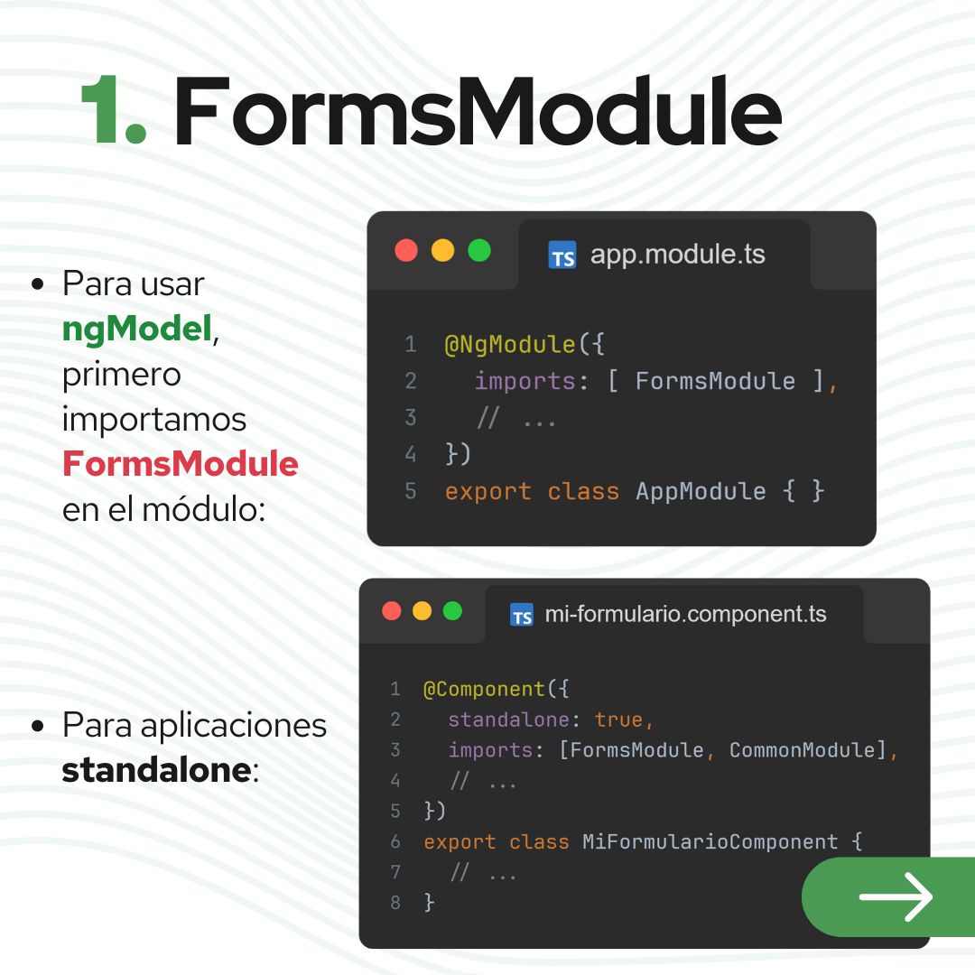 certidevs's tweet photo. 🔴  Formularios plantilla con ngModel en Angular 

ngModel es una directiva de Angular que se utiliza para crear una conexión bidireccional entre el modelo de datos en tu componente y los elementos del formulario en la vista. 

Para usar ngModel, primero importamos FormsModule. https://t.co/mhzBAe1W6W