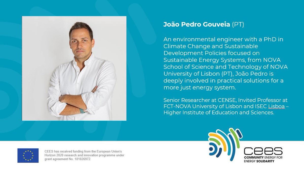 CEES_Energy's tweet image. Meet the CEES Advisory Board!

@JoaoPGouveia: An environmental engineer with a PhD in Climate Change and Sustainable Development Policies from @FCTNOVA, João Pedro is deeply involved in practical solutions for a more just #energysystem

💼 Senior Researcher at @CENSEFCTNOVA