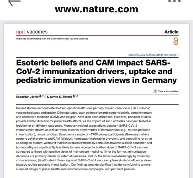 💉Study: Esoteric beliefs and complementary and alternative medicine #CAM (#Waldorf, #Homeopathy) negatively impact SARS-CoV-2 #immunization drivers, uptake and pediatric immunization views in #Germany.

<a href="/Nature/">nature</a> <a href="/NatureMedicine/">Nature Medicine</a> 

nature.com/articles/s4154…