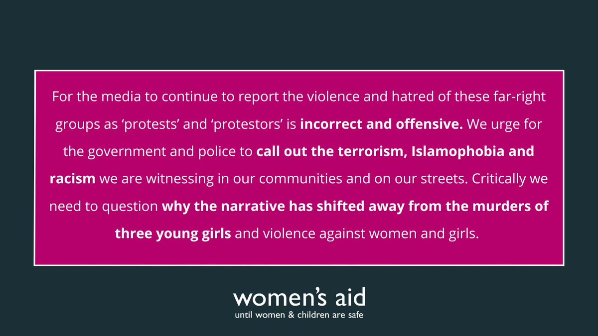 Following a week of attacks on Muslims and Black and minoritised people, we remain deeply concerned by the violence and its impact on survivors, as well as the specialist services that support Black and minoritised survivors. 

Read our latest statement: womensaid.org.uk/womens-aid-iss…