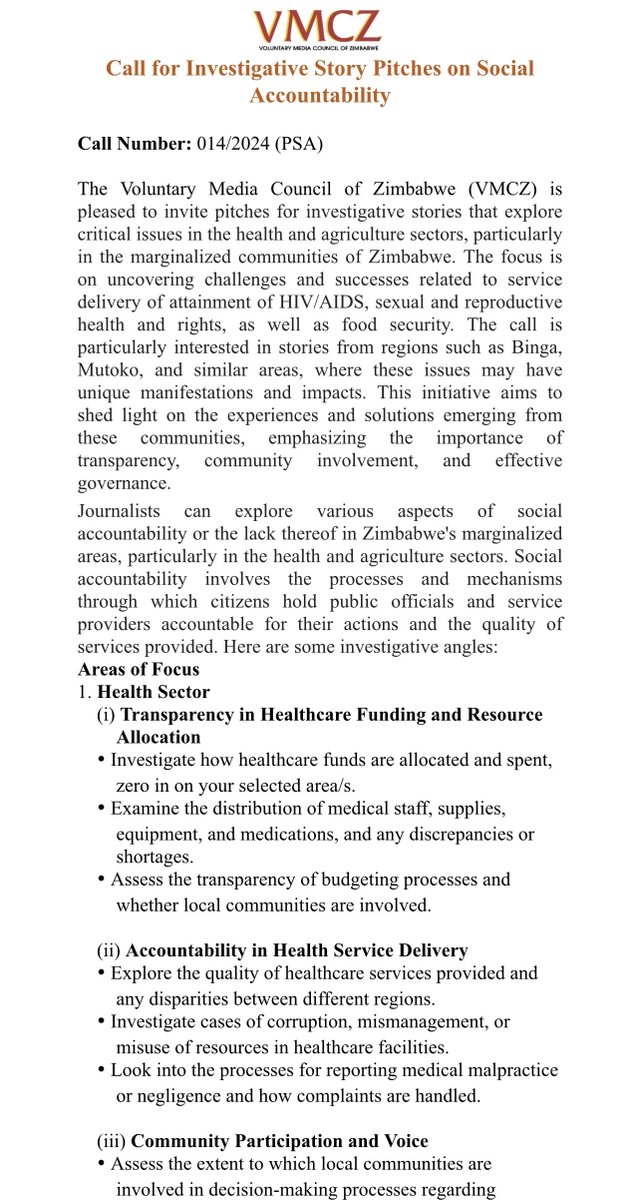 FEW DAYS LEFT!
Call for investigative stories that explore critical issues in the health &amp; agriculture sectors in marginalized communities.
📅 9 August 2024
For more, open the following link: vmcz.co.zw/call-for-inves…

<a href="/ActionAidZim/">ActionAid Zimbabwe</a> <a href="/ZUJOfficial/">Zimbabwe Union of Journalists</a> <a href="/ZinefZimbabwe1/">ZinefZimbabwe1</a> <a href="/misazimbabwe/">MISA Zimbabwe</a>