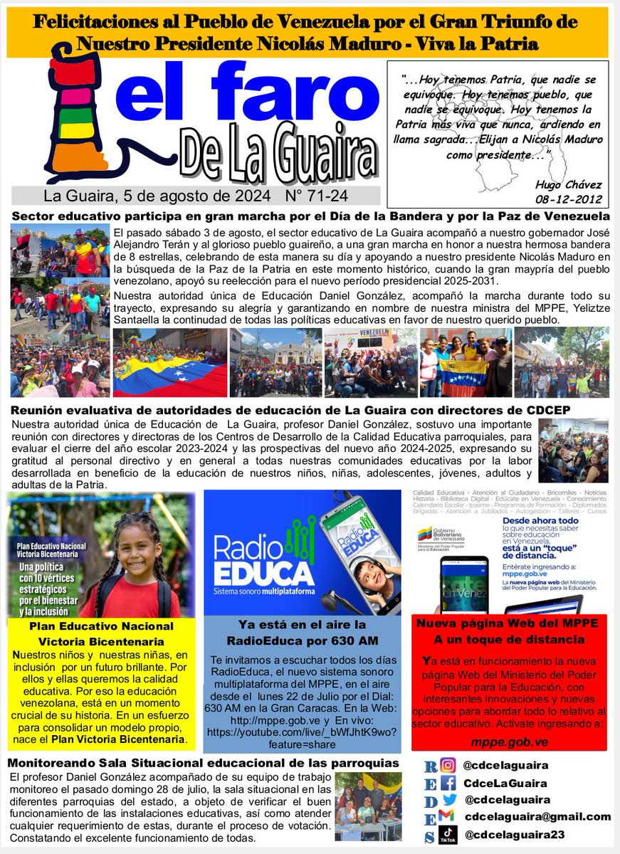 📢 Este #Lunes #5Agosto circula el No. 71 de "El Faro de La Guaira" => Noticias relevantes del acontecer educativo en nuestro Estado, durante la semana. Lee, comenta y difunde.  🇻🇪#PatriaSoberanaYPlena => 🤝 <a href="/NicolasMaduro/">Nicolás Maduro</a> @MPPEDUCACION <a href="/_LaAvanzadora/">Yelitze Santaella</a> <a href="/Jateranoficial/">José Alejandro Terán</a> <a href="/danieljgm7/">Daniel González ZELaGuaira</a>