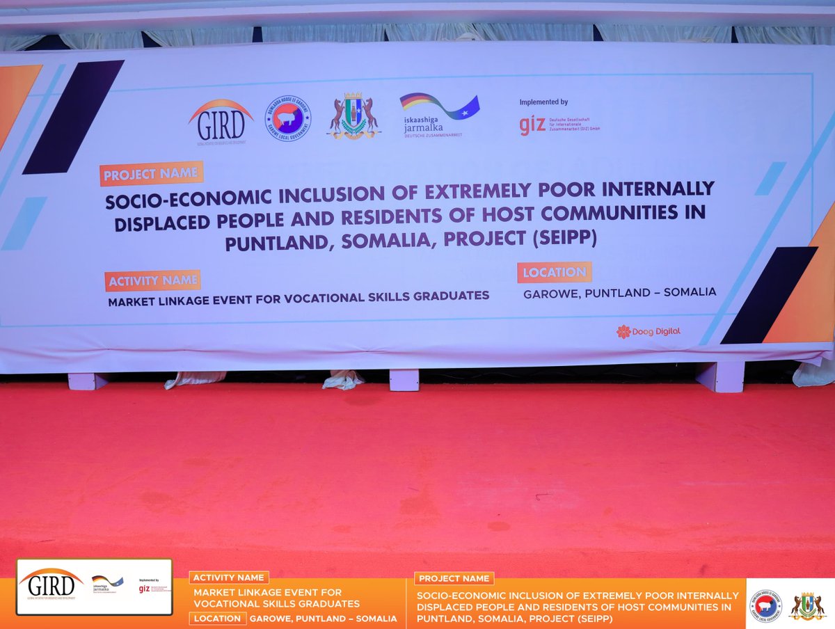 GIRDGLOBAL's tweet photo. On Aug 5, 2024, GIRD and GIZ Somalia hosted a market linkage event in Garowe for 64 vocational skills graduates. This event aimed to transition grads into the workforce and connect them with employers &amp; industry leaders. Highlights included inspiring speeches and skill showcases. https://t.co/DCP1luX8iJ