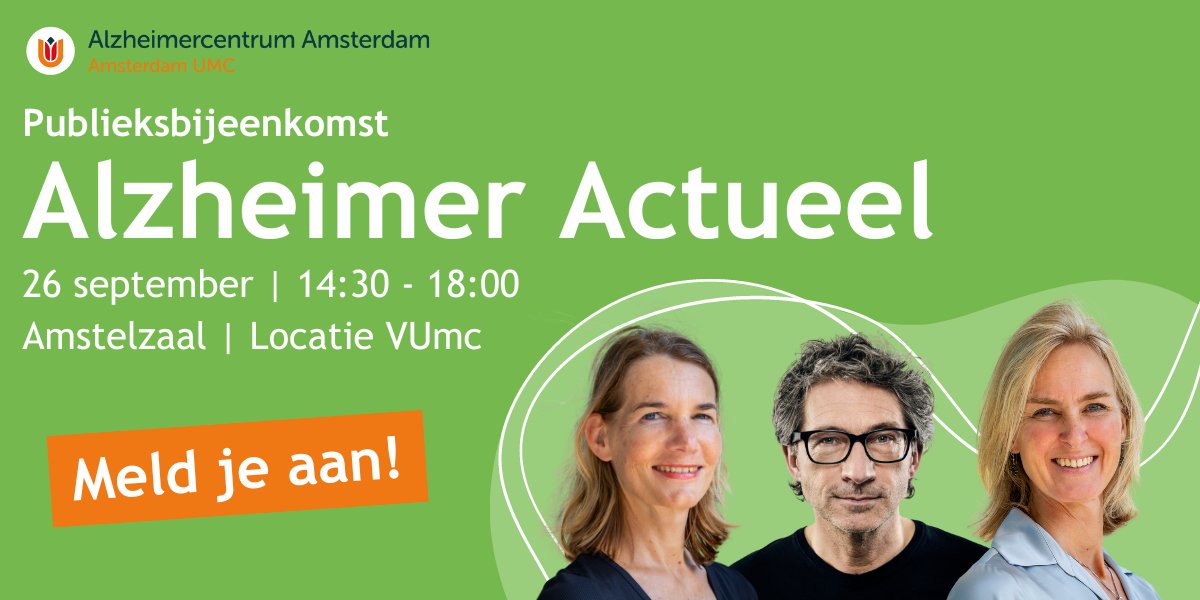 Met veel plezier nodigen wij u uit voor #Alzheimer Actueel 2024! Op 26 september praten wij u bij over de stand van zaken in #patiëntenzorg en wetenschappelijk #onderzoek op het gebied van #dementie. Komt u ook? Vind meer informatie op: alzheimercentrum.nl/patienten/over…