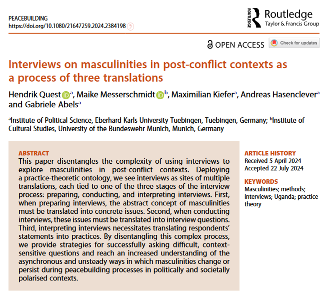 Happy to share our new methods piece on asking difficult questions about masculinities in post-conflict contexts, published in <a href="/Peacebuilding_/">Peacebuilding Journal</a>

Available open access: tandfonline.com/doi/full/10.10…