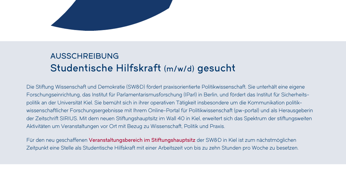 🚨 Werde Teil der Stiftung Wissenschaft &amp; #Demokratie!
Gesucht wird: Studentische Hilfskraft (m/w/d) für den neu geschaffenen Veranstaltungsbereich in #Kiel.
Infos zur Bewerbung 👉 swud.org/de/news-detail… #Job #Stellenausschreibung #Stellenangebot