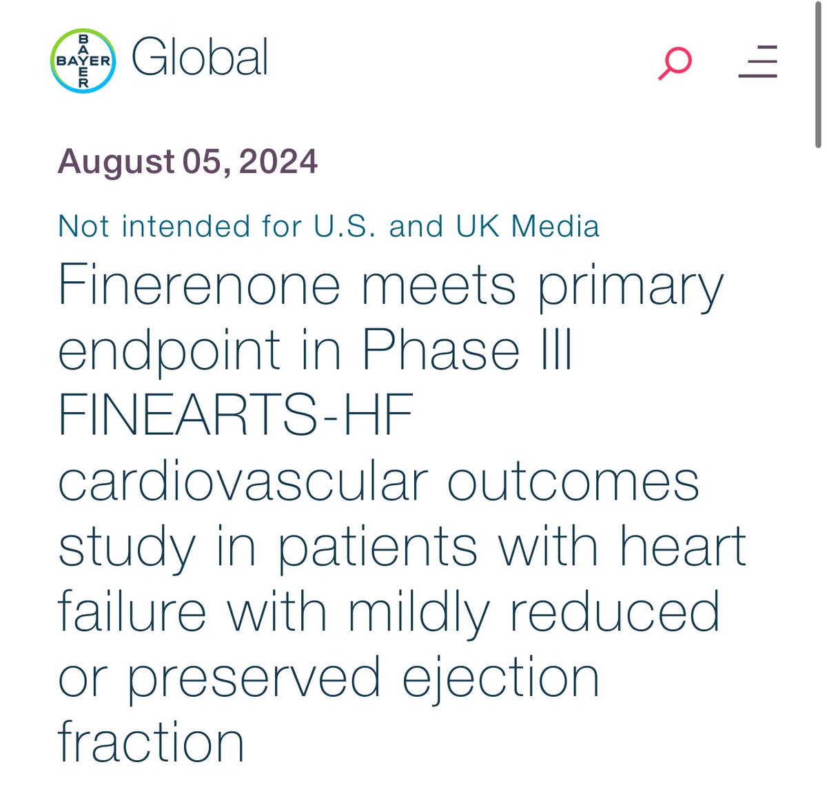 🔴🔴Siguen las buenas noticias 👇👇 

Finerenona cumple con el objetivo principal en #FINEARTS-HF en 👥 con ICpFEVI/ICmFEVI

📁 bayer.com/media/en-us/fi…