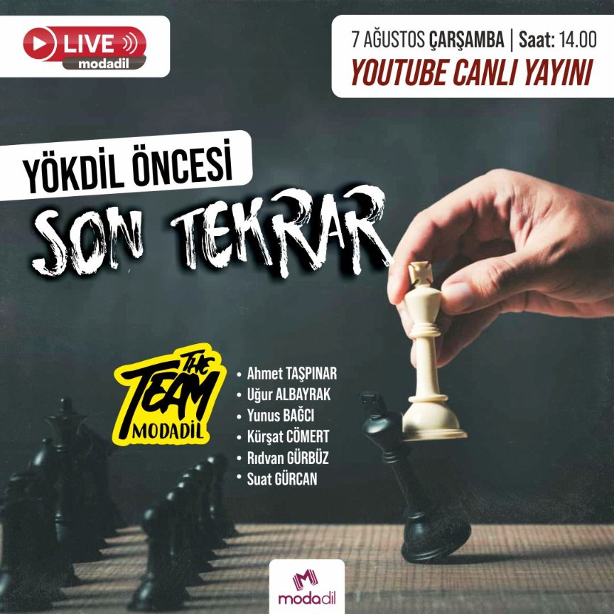 YÖKDİL öncesi son tekrar. Bu youtube canlı yayınını için kanalımıza abone olmayı unutmayın! 
youtube.com/c/MODAD%C4%B0L
.
#yökdil #yds #ingilizcesınavlar #özelders #toefl #önhazırlık #hazırlıkatlama