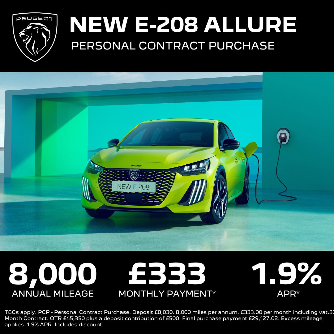 🌍 Embrace the power of electric with the unmissable E-208, now available for just £333 per month with an incredible 1.9% APR on PCP. With 8000 miles per year.
Visit your nearest Simon Bailes Peugeot showroom today and take the first step towards a cleaner, brighter future! 🚘🔋