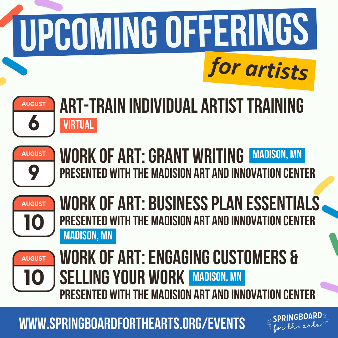 SpringboardArts's tweet image. 📆 What’s coming up at Springboard for the Arts?
Our summer calendar is full of workshops, trainings, and events for artists and organizations! View our full schedule of events: springboardforthearts.org/events