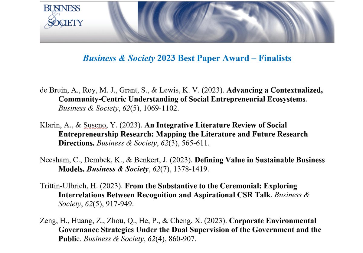 Business & Society (@baseditors) on Twitter photo Here are the finalists for the "Business & Society 2023 Best Paper Award". All these articles are available for free access. In the coming days, we will share these papers and their links.
Congratulations and best of luck to all the finalists! Here are the finalists for the "Business & Society 2023 Best Paper Award". All these articles are available for free access. In the coming days, we will share these papers and their links.
Congratulations and best of luck to all the finalists!