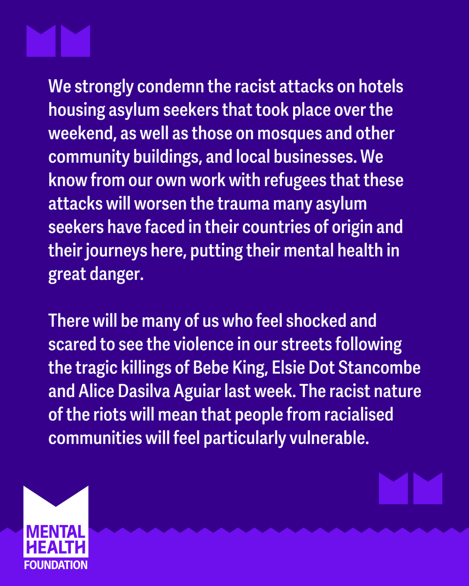 mentalhealth's tweet photo. There will be many of us who feel shocked and scared to see the violence happening in our streets in the UK. The racist nature of the violence will mean that people from racialised communities will be feeling particularly vulnerable. (1 of 2) https://t.co/J2JFA2QzpZ
