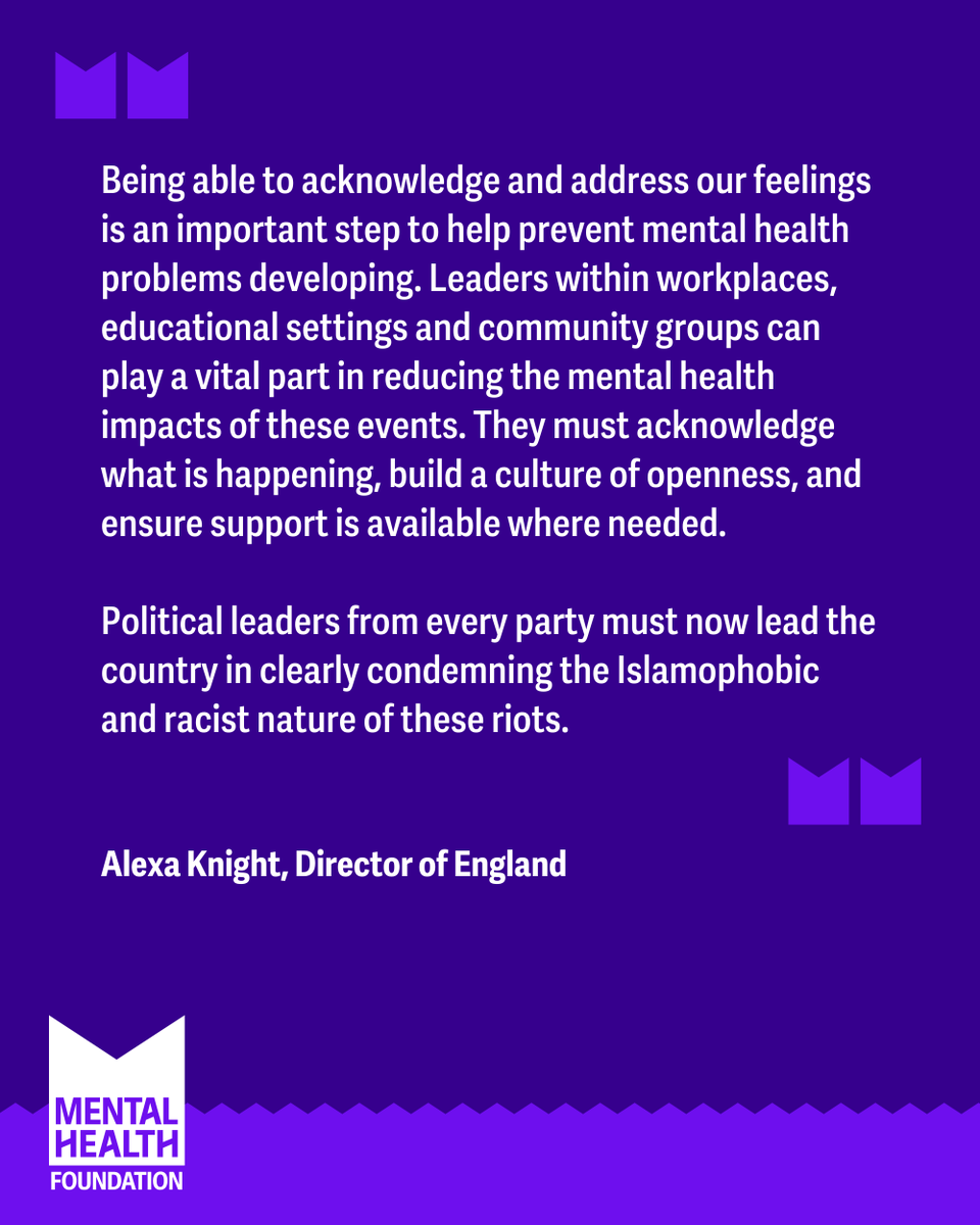 mentalhealth's tweet photo. There will be many of us who feel shocked and scared to see the violence happening in our streets in the UK. The racist nature of the violence will mean that people from racialised communities will be feeling particularly vulnerable. (1 of 2) https://t.co/J2JFA2QzpZ