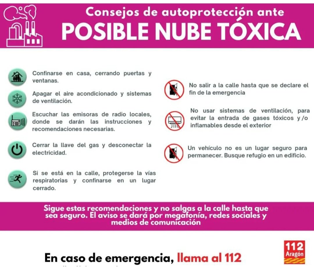 PoliciaUtebo's tweet photo. Actualización 13:55h

🚨🚨 ACTIVACION FASE 1 PLAN EMERGENCIAS MUNICIPAL🚨🚨

Debido a la nube tóxica provocada por el incendio declarado anoche en una empresa de productos químicos del término municipal de Utebo, se ha activado por parte del Ayuntamiento https://t.co/ztDq0FoTYc
