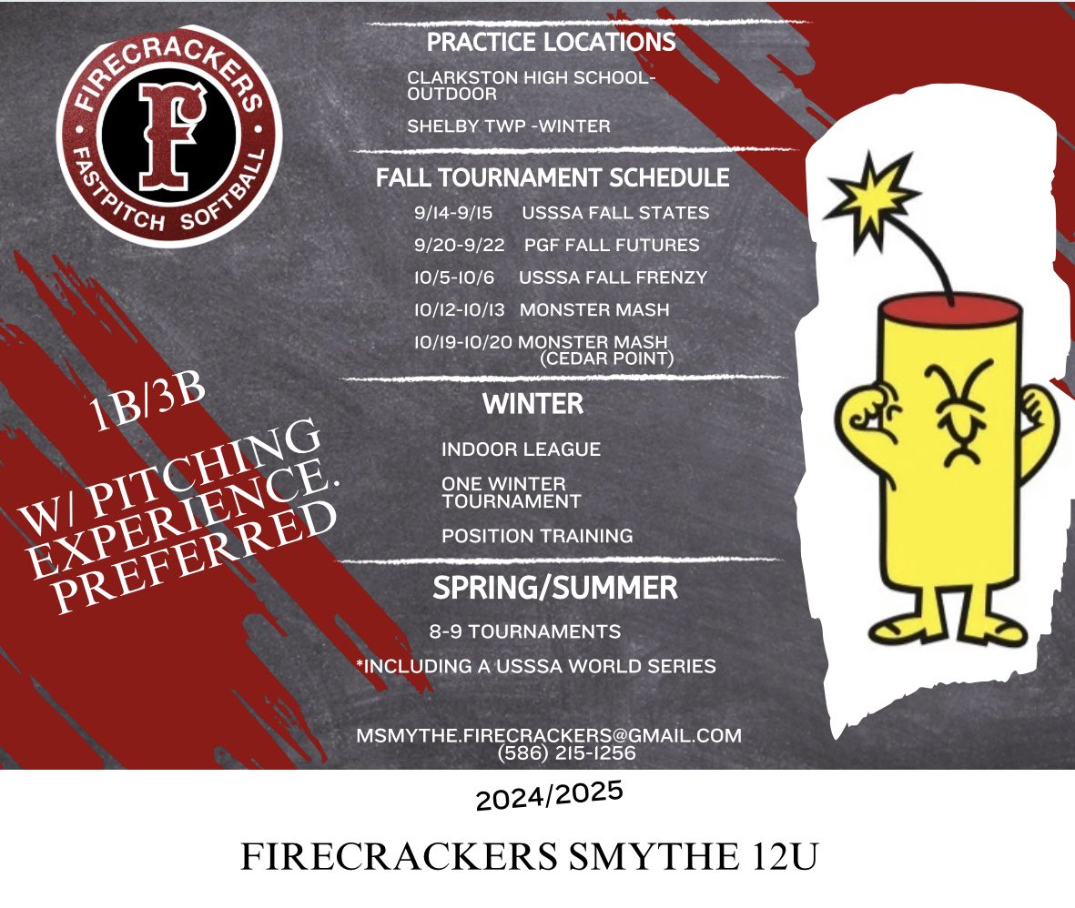 Firecrackers Michigan-Smythe 12U
MSmythe.firecrackers@gmail.com