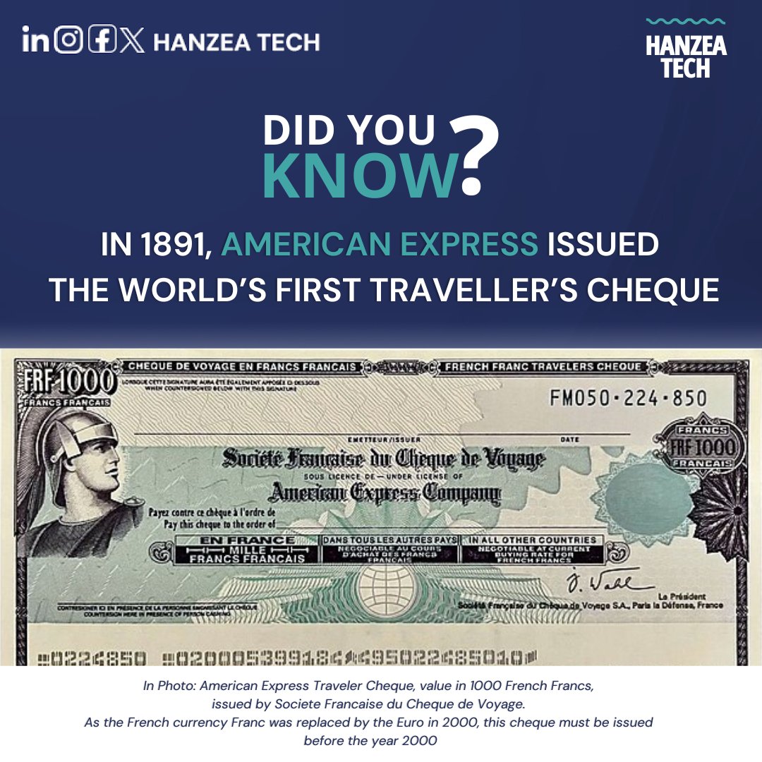 Hanzea_Tech's tweet image. In 1891, @AmericanExpress introduced the world’s 1st traveler’s cheque, revolutionizing financial security for travelers.  This #innovation laid the groundwork for modern #fintech, ensuring safer &amp;amp; easier global transactions. 

#MakingFintechMobile #FintechInnovation