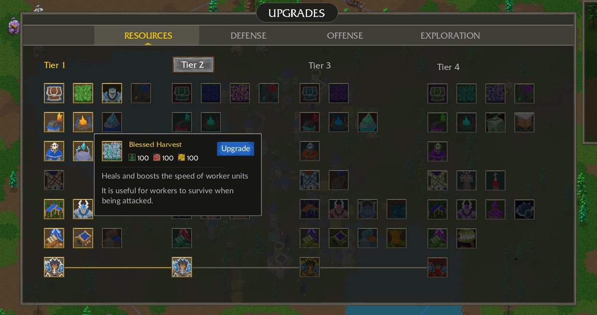 Upgrade Popup of the game. So each type of upgrade will have Tiers to upgrade.

Upgrades not only change the stats but also add new effects to the building. 

There are also rare upgrades that can only be found by doing quests, rare treasures.

#pixelart #gamedev #rts #steamdeck