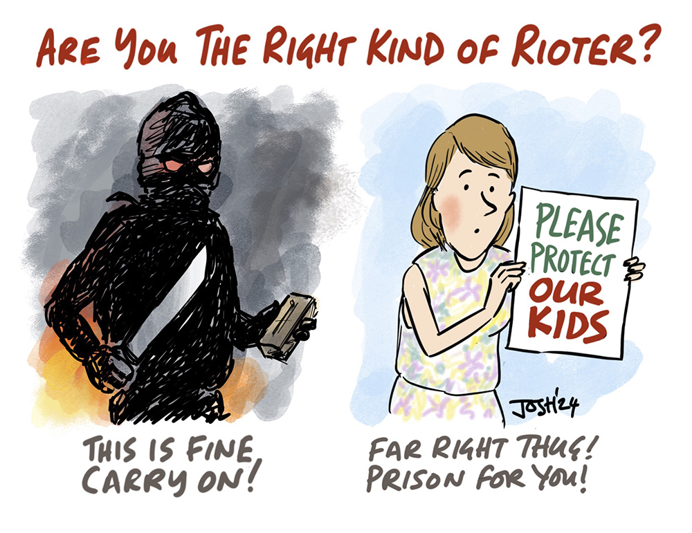 Cartoonsbyjosh's tweet photo. New cartoon! Are You the Right Kind of Rioter?

Inspired by all the people who have posted #FarRightThugsUnite #TwoTierKeir https://t.co/6yb8fCGaTI