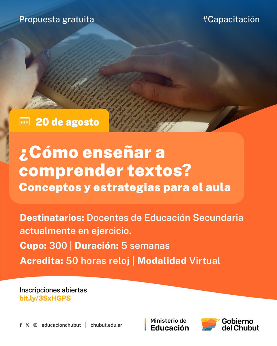 📚 Invitamos a docentes de Educación Secundaria a sumarse a la propuesta gratuita "¿Cómo enseñar a comprender textos? Conceptos y estrategias para el aula".

📝 Inscripciones a través del siguiente link: bit.ly/3SxHGPS