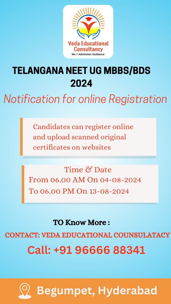 VedaEducational's tweet photo. Telangana NEET UG MBBS/BDS 2024
Notification for online Registration
Candidates can register online and upload scanned original certificates on websites
#vedaeducatinalconsultnacy#betechcolleges#btechjourney#BTech#MBBS#mbbsadmission2024#admissiongudance#AdmissionsOpen#admissions https://t.co/AL3iR8m0tW