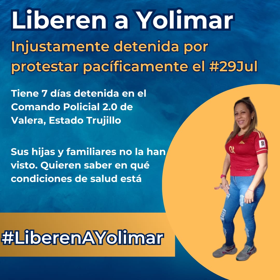 Solidaridad con familiares de Yolimar Carolina Ávila Matos, habitante de Santa Cruz municipio Valera. Detenida el #29jul
Desde su detención sus familiares no la han visto. Es madre de familia, trabajadora y colaboradora en su comunidad
#LiberenAYolimar 
#ProtestarNoEsDelito