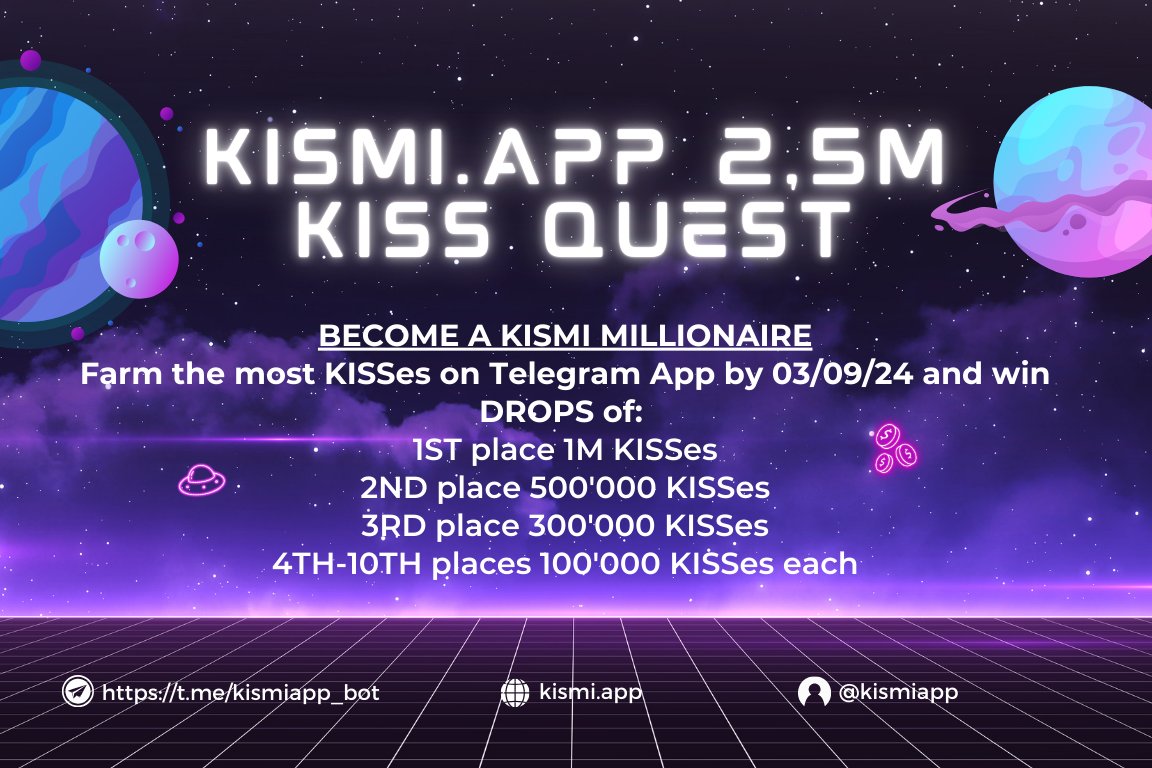 🎯Claim your daily 7,500 KISS in Telegram mini app! 
t.me/kismiapp_bot/m…

🏆 Participate to Win Stunning Drops! 💰
🥇 1st Place: 1 Million KISSes Drop!
🥈 2nd Place: 500,000 KISSes
🥉 3rd Place: 300,000 KISSes
🎖 4th - 10th Places: 100,000 KISSes each

Every KISS matters! 🥰
