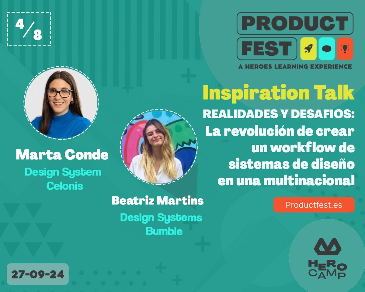 ¡Nueva charla del #ProductFest24!
🌟La revolución de crear un workflow de sistemas de diseño con <a href="/martaconde_/">Marta</a> (Celonis) y <a href="/beatrizmartinma/">Beatriz Martins</a> (Bumble)

Descubre cómo enfrentan el reto de crear y mantener un Design System en una multinacional

Comprar entrada➡️productfest.es