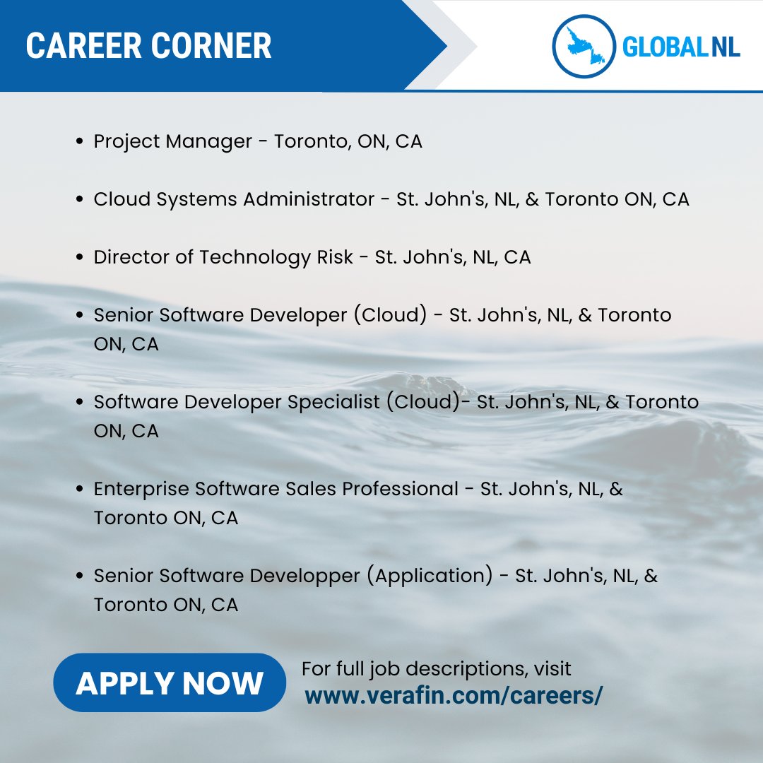 📈 Career Corner: Nasdaq Verafin is Hiring for Multiple Positions in St. John's, NL and Toronto, ON! Nasdaq Verafin is an innovator in anti-financial crime management solutions. For full job descriptions, visit ➡️ verafin.com/careers/ 

#GlobalNL #Networking #Connect
