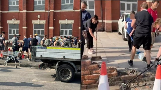 randomclovis's tweet photo. This is the British working class. Not the race rioters, not the looters, not the arsonists, not the grifting fraudsters sunning themselves in Cyprus or talking shit on GB News and Twitter. The people cleaning up after them, repairing the damage, rebuilding. https://t.co/LVhZG8pOXx