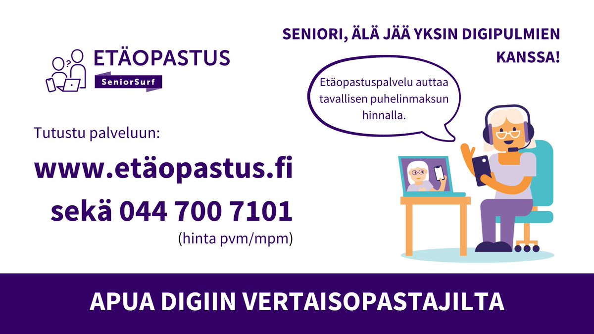 entersenior's tweet photo. 😀 Nyt sitä (taas) saa: etäopastusta digiasioissa! 
Maksutta, ympäri Suomen!

👉Tutustu palveluun ja pyydä opastusta itsellesi tai läheisellesi: https://t.co/bztQrAdEyv

Etäopastus on valtakunnallinen palvelu ikäihmisille tavallisen puhelinmaksun hinnalla. #etäopastus #digituki https://t.co/qHOXQ6podV