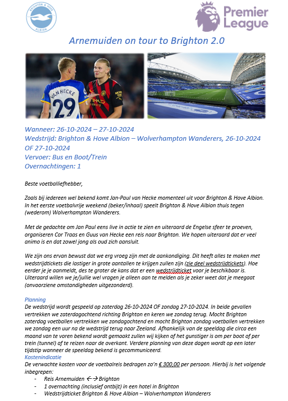 GuusvanHecke's tweet photo. Weer een voetbalreisje organiseren naar Brighton. Wil je mee? Stuur even een berichtje! ⚽️🍻 https://t.co/rCKQhhpWh7