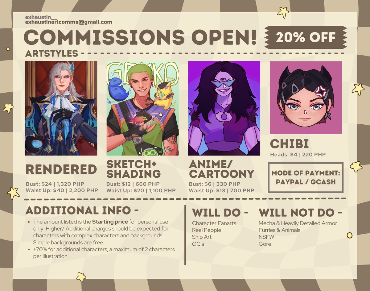 Hello! I'm officially taking commissions! I'll be opening 4 slots for 20% off! 🌟 (view my thread for detailed samples + ToS)

rts are appreciated, thank you!
#commissionsopen #artmoots #artph