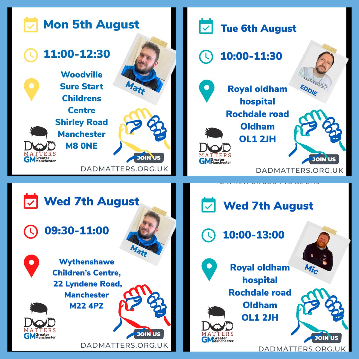DadmattersGM's tweet photo. Here is What’s on at dad matters Greater Manchester this week.
For any Walk n Talk / New Dads Workshop sign up using the link below
https://t.co/BAOiwPbXcg
#newdad #newdaddy #newdaddyproblems #newdadlife #soontobedaddy
#dadsmentalhealth #dadmattersgm #dadmattersuk https://t.co/GPvP1s74MF