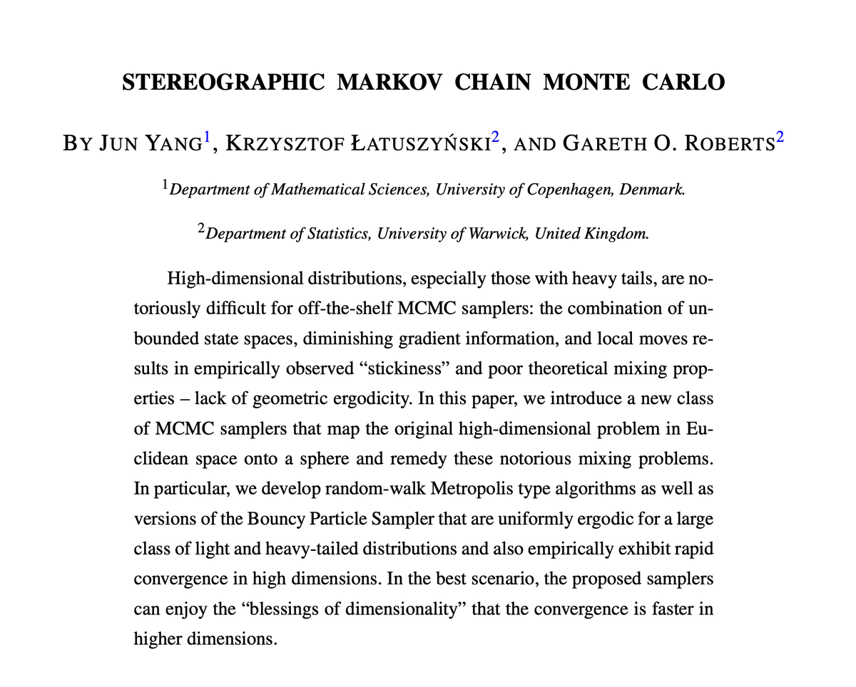 KLatuszynski's tweet photo. Have you tried to travel around the globe on a map?
It's a problem - a map does not wrap up...

So why run MCMC in R^d?
Just inverse-map it to the sphere... and run it there!

Stereographic MCMC
 
to appear in the Annals of Stats:
https://t.co/UZgt2w5V0Z https://t.co/WfTvH5I7S7
