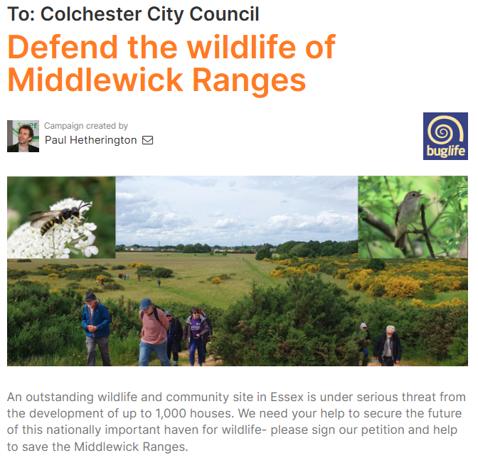 An outstanding wildlife &amp; community site in #Essex is under serious threat from the development of up to 1,000 houses.

We need your help to secure the future of this nationally important haven for wildlife.

✅Please help to save the #MiddlewickRanges
👇
you.38degrees.org.uk/petitions/defe…