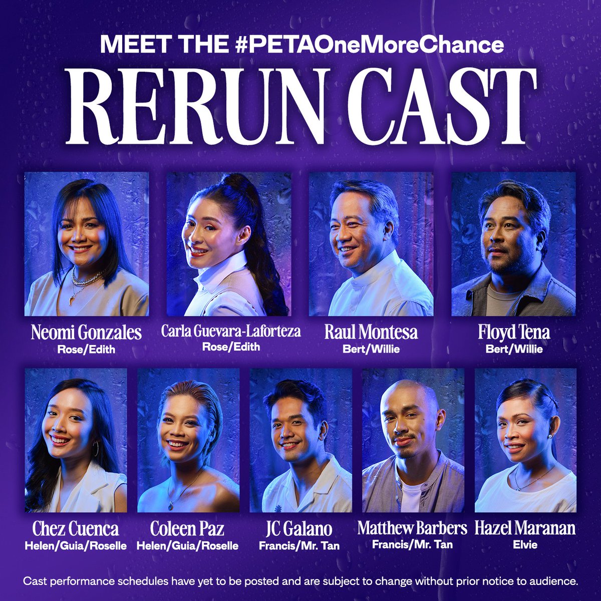 Your returning favorites and fresh, new faces are joining this second season! Who are you excited to see back on the OMC stage? 💙

Cast performance schedules have yet to be posted and are subject to change without prior notice to audience. 

 #PETAOneMoreChance #OMCTheMusical