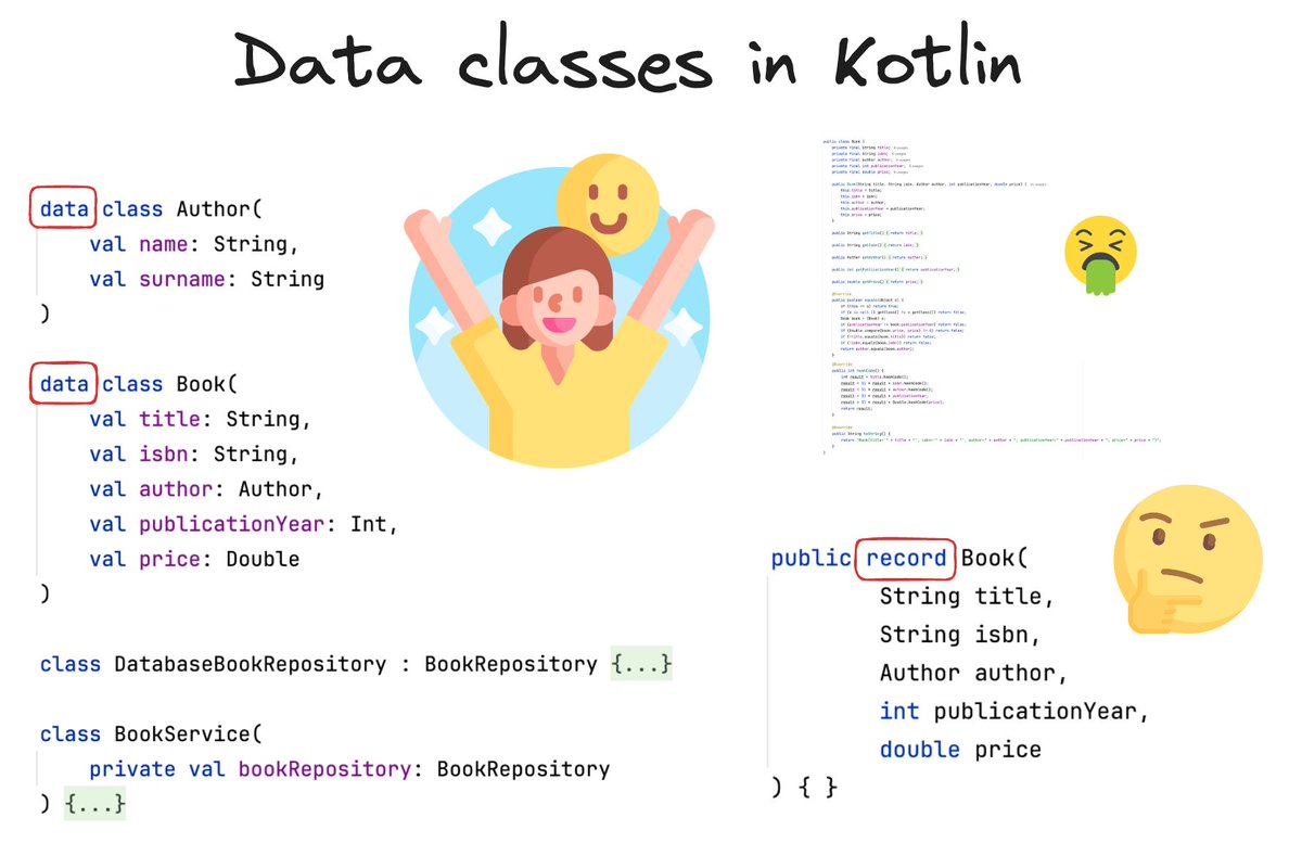 marcinmoskala's tweet photo. Data classes are not just syntactic sugar; they have completely changed how we treat classes and objects, and by that they extremely simplified development. Let me explain 🧵👇 https://t.co/vcf5R4gqBe