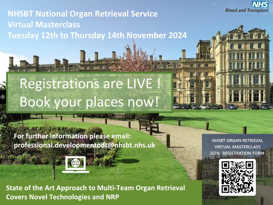 BTS (@btstransplant) on Twitter photo Registration is now OPEN for the <a href="/NHSBT/">NHS Blood+Transplant</a> National Organ Retrieval Service (NORS) Virtual Masterclass 💻
📅Tuesday 12th to Thursday 14th November 2024
The course will be aimed at practitioners with an interest in abdominal (liver, pancreas, kidney) and cardiothoracic (heart, Registration is now OPEN for the <a href="/NHSBT/">NHS Blood+Transplant</a> National Organ Retrieval Service (NORS) Virtual Masterclass 💻
📅Tuesday 12th to Thursday 14th November 2024
The course will be aimed at practitioners with an interest in abdominal (liver, pancreas, kidney) and cardiothoracic (heart,