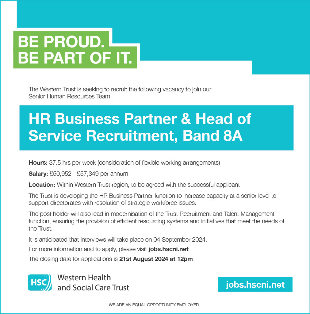 📢Ready to take the next step in your HR career?

Western HSC Trust are recruiting for an HR Business Partner and Head of Service Recruitment to join their senior management team. 

📌Don't miss this opportunity! Apply today via tinyurl.com/3dcpmbcj