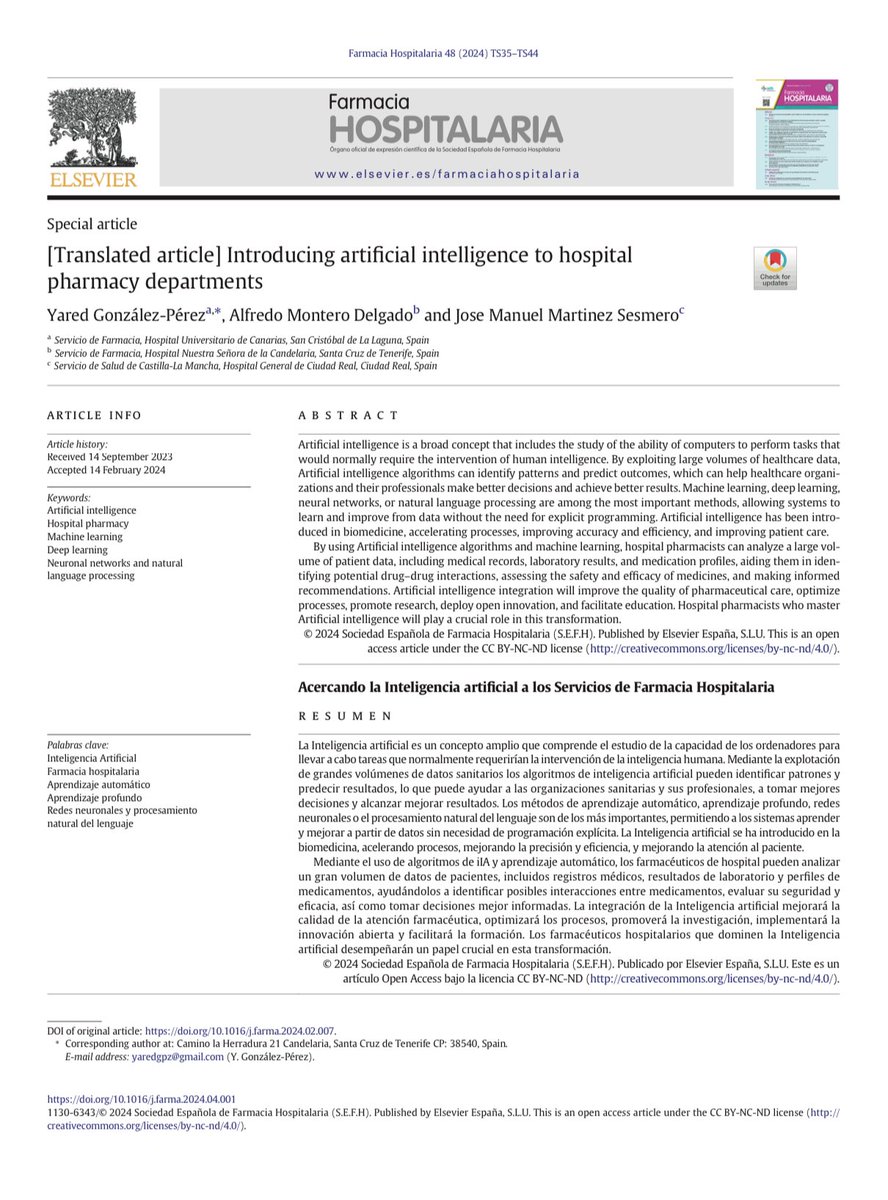 JM Martínez Sesmero (@manolosesmero) on Twitter photo Introducing #artificialintelligence #AI to #hospitalpharmacy Departments
<a href="/farm_hosp/">Farmacia Hospitalaria</a> <a href="/sefh_/">S.E.F.H</a> @FHDigital_SEFH
cc <a href="/EAHPofficial/">European Association of Hospital Pharmacists</a> <a href="/ASHPOfficial/">ASHP</a> <a href="/FIP_org/">FIP</a>
sciencedirect.com/science/articl… Introducing #artificialintelligence #AI to #hospitalpharmacy Departments
<a href="/farm_hosp/">Farmacia Hospitalaria</a> <a href="/sefh_/">S.E.F.H</a> @FHDigital_SEFH
cc <a href="/EAHPofficial/">European Association of Hospital Pharmacists</a> <a href="/ASHPOfficial/">ASHP</a> <a href="/FIP_org/">FIP</a>
sciencedirect.com/science/articl…