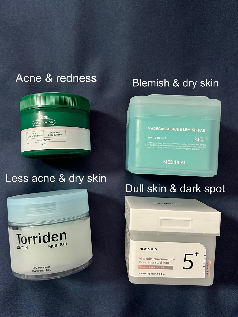 Sebagai terpaling toner pad, ni formula utk yang baru nak beli toner pad. Bookmark lerrrr

Green CICA Hyalon -  for acne &amp; redness skin
Teal Madecassoside - for blemish &amp; dry skin 
Teal Torriden - for less acne &amp; dry skin 
White Numbuzin No 5+ - for dull skin &amp; dark spots