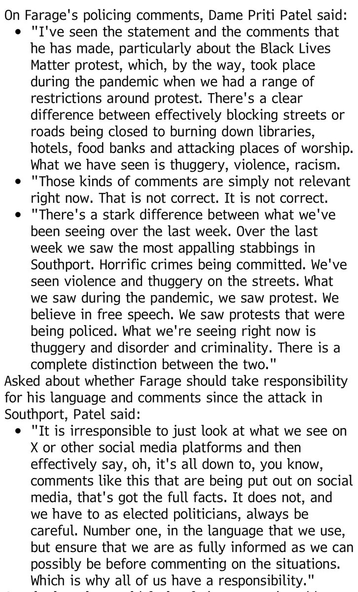 Alex Wickham (@alexwickham) on Twitter photo Priti Patel strongly criticises Nigel Farage’s comments on “two-tier policing” — some of the loudest condemnation of Farage from a senior politician so far (via <a href="/TimesRadio/">Times Radio</a>) Priti Patel strongly criticises Nigel Farage’s comments on “two-tier policing” — some of the loudest condemnation of Farage from a senior politician so far (via <a href="/TimesRadio/">Times Radio</a>)