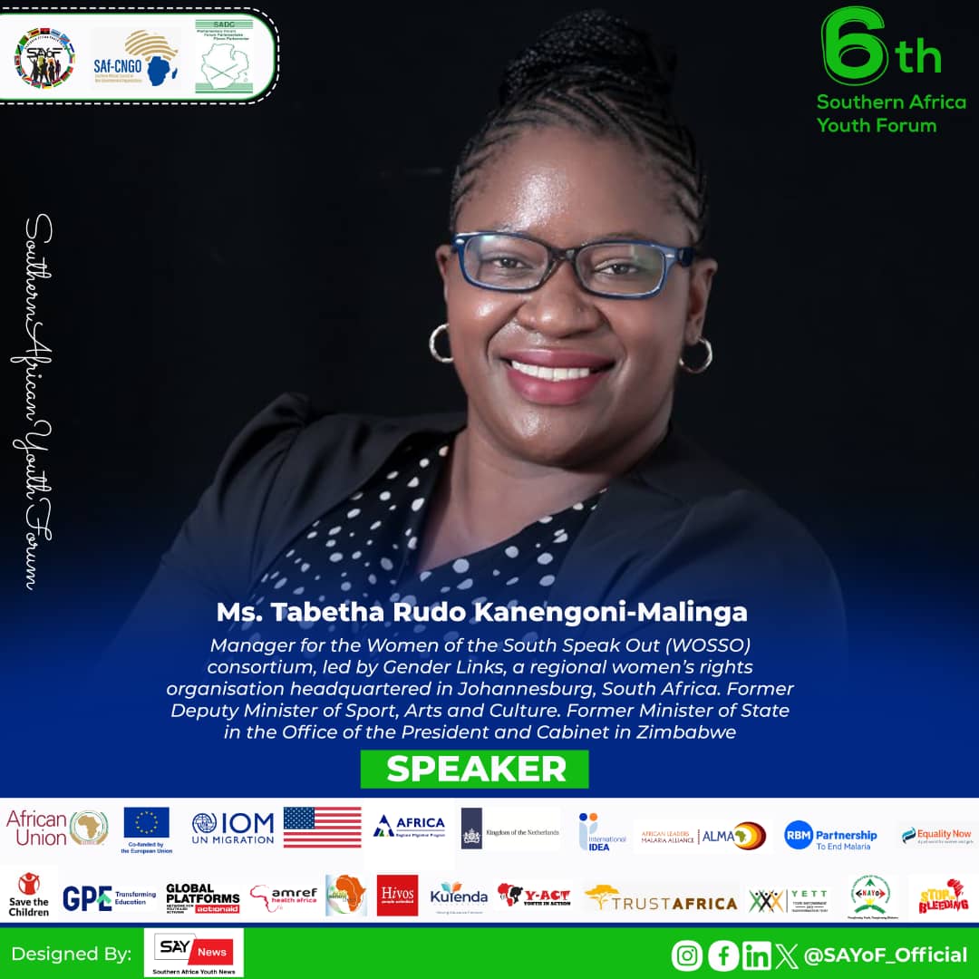 📢📢#6thSouthernAfricaYouthForum Speaker Spotlight💡

📌Ms. Tabetha Rudo Kanengoni-Malinga

📍Harare, Zimbabwe🇿🇼

🗓️1⃣0⃣ - 1⃣3⃣ August 2⃣0⃣2⃣4⃣

#SouthernAfricaYouth #6thSouthernAfricaYouthForum