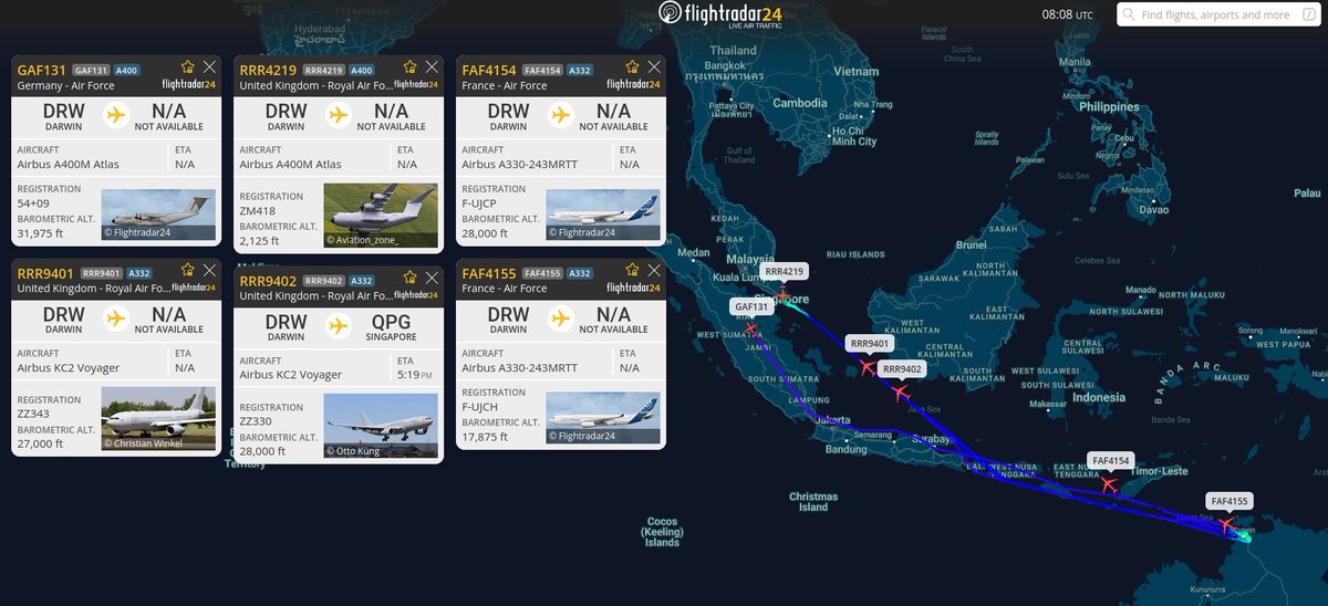 CollishawD's tweet photo. πβοΈ #Spotted from #Darwin π¦πΊ:
- 1 Airbus A400M Atlas (GER π©πͺ) #GAF131
- 1 Airbus #A400M Atlas (UK π¬π§) #RRR4219
- 2 Airbus #A330-243 #MRTT (FRA π«π·) #FAF4154 #FAF4155
- 2 Airbus KC2 #Voyager (UK π¬π§) #RRR9401 #RRR9402
https://t.co/amMzCSNuEb
End of #PitchBlack24 https://t.co/WkSxQPFAuF